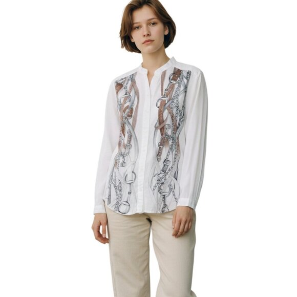GUCCI Women's 2011 Resort White Silk Equestrian Print Shirt Button-Up Size 38 M - Picture 4 of 13